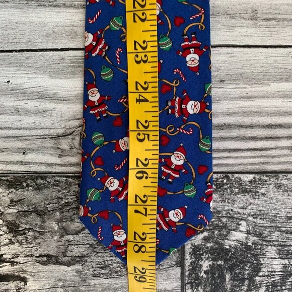 Vintage Christmas Tie Blue Red Santa Xmas Classic Necktie Handmade Vintage 80s - Picture 7 of 8